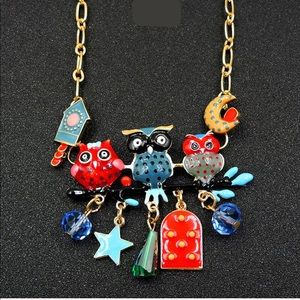 Night Time Scary Moon Star Owls on Stick Necklace